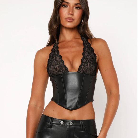 WHITEFOX BOUTIQUE Dreams And Delights PU Leather Lace Crop Top Black - Medium - Picture 2 of 10